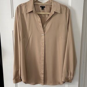 Ann Taylor Taupe Button-Front Long Sleeve Blouse